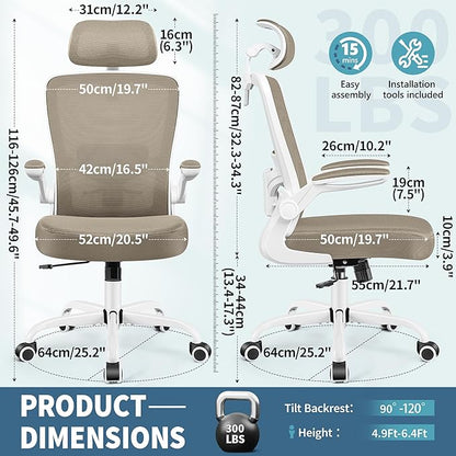 FelixKing Ergonomic Office Chair, Headrest Desk Chair Office Chair with Adjustable Lumbar Support, Home Office Swivel Task Chair with High Back and Armrest, Adjustable Height Gaming Chair(Khaki)