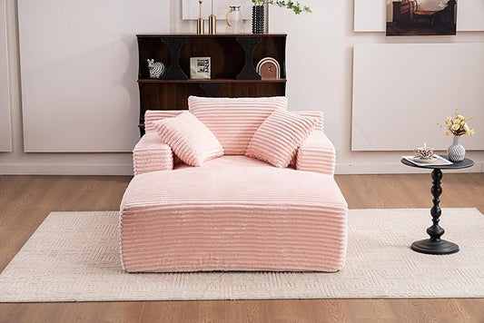 Oversized Chaise Daybed Lounge Sleeper Chair Sofa Bed Indoor, Fluffy Corduroy Upholstered Sleeper Recliner Sofabed Extra Wide Full Foam Cloud Sofabed W/3 Pillows for Home/Apartment Living Room Bedroom