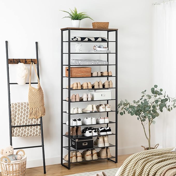 HOOBRO 12-Tier Shoe Rack, 29.5" L Shoe Storage Organizer, Large Capacity Shoe Shelf for Front Door Entrance, Entryway, Closet, Holds 36-48 Pairs of Shoes, Closet, Rustic Brown and Black BF127XJ01