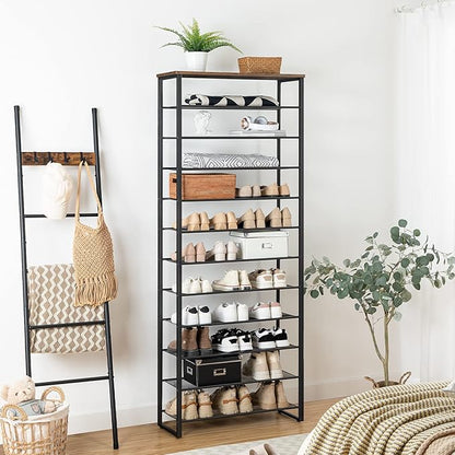 HOOBRO 12-Tier Shoe Rack, 29.5" L Shoe Storage Organizer, Large Capacity Shoe Shelf for Front Door Entrance, Entryway, Closet, Holds 36-48 Pairs of Shoes, Closet, Rustic Brown and Black BF127XJ01