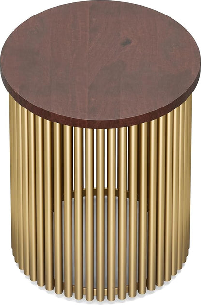 SIMPLIHOME Demy 18-inch Wide Metal and Solid Mango Accent Table in Cognac/Gold, Round Side Table with Mango Wood Top for Living Room or Bedroom, Industrial Style, Assembled