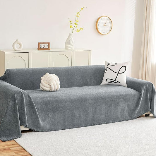 hyha Couch Cover for Dogs, Boho Sofa Covers for 3 Cushion Couch Washable, Chenille Sofa Slipcover for Pets, Soft Loveseat Sectional Couch Throw Blankets with Tassels (Grey, 88.5x134 Inch)
