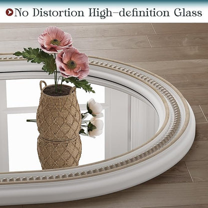 Farmhouse Oval Mirror Boho, 20" x 36" Antique Oval Bathroom Mirrors, Wooden Rustic Decorative Wall Mirror with Beaded for Bedroom, Living Room, Hallway, Vertical or Horizontal Hanging