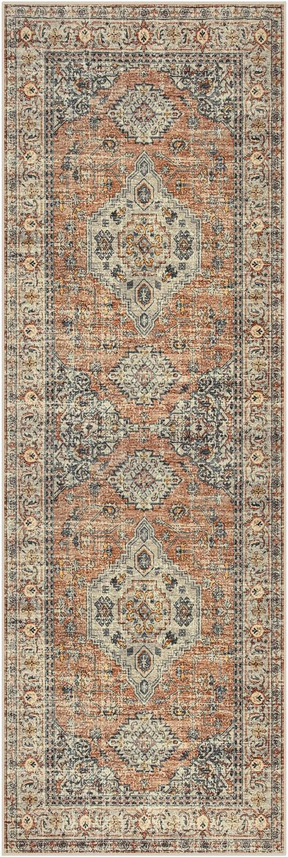 Lahome Oriental Washable Rug Runners for Hallways, 2x5 Kitchen Runner Rug Non Slip with Rubber Backing Ultra-Thin Vintage Carpet for Bedroom Bathroom, Peach/Orange
