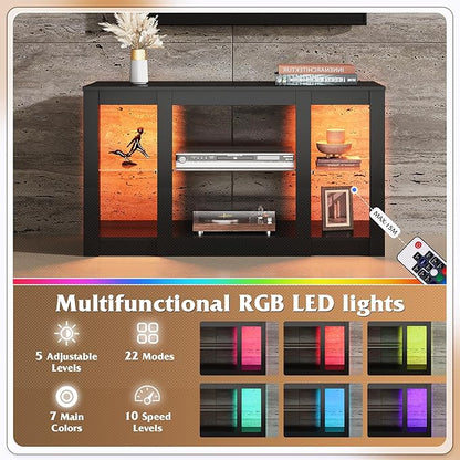 WLIVE TV Stand for 43 Inch TV, Modern Entertainment Center with LED Lights & Adjustable Glass Shelves, Sturdy Media Console for Living Room, Bedroom,Gaming (Black)