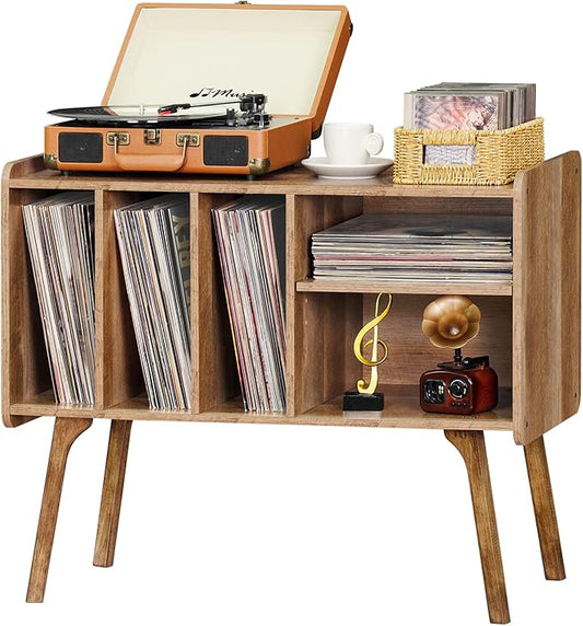 Lerliuo Record Player Stand with 4 Cabinet Holds Up to 220 Albums, Large Turntable Stand with Beech Wood Legs, Mid-Century Record Player Table