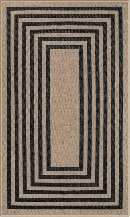 Lahome Modern Geometric Easy Jute Outdoor Rug, 3x5 Black Washable Kitchen Rugs for Bedroom Thin Non Slip Indoor Door Mat, Non Slip Farmhouse Carpet for Office Patio