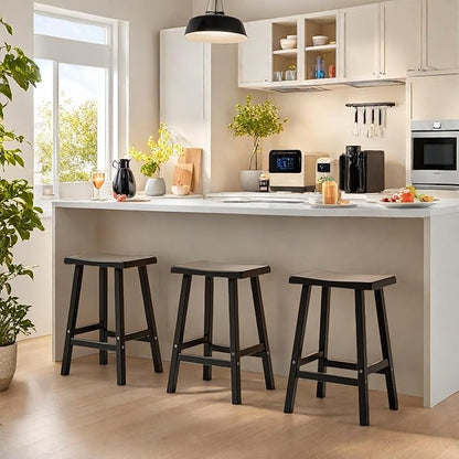 24" H Bar Stools Set of 2 - Classic Saddle Seat with Footrest, Resin Kitchen Counter Stool, Anti-Slip & Waterproof - Tall Barstools for Bar, Kitchen, Dining Room, Lounge - Black