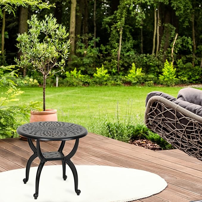JARDIN DE CENTENNIAL Cast Aluminum Side/End Table, Anti-Rust Coffee Bistro Table for Outdoor, Patio, Indoor, Garden, Porch, Balcony (Round Black)