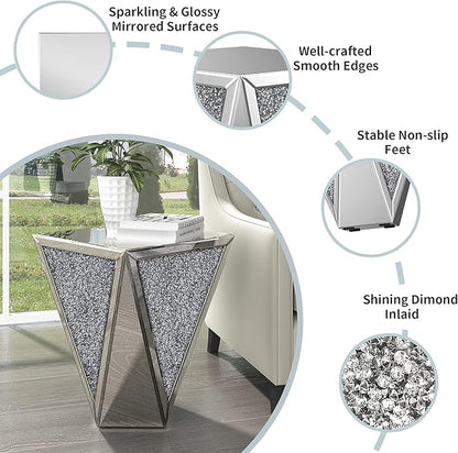 ENENE 19.7" Mirrored End Table Crystal Diamond Setting Coffee Table Silver Glass Side Table Pedestal Stand for Hallway, Living Room, Corner, Bedroom, Sofa
