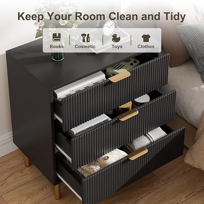Black Dresser, Modern 3 Drawer Dresser for Bedroom with Gold Handle and Large Drawer, Wood Double Chest of Drawers and Storage Organizer for Living Room, Hallway, Entryway