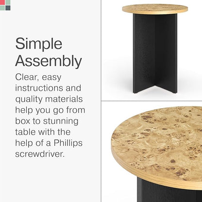 Round Accent Table for Living Room Furniture - 16-Inch Round Top, Burl Wood Veneer & Black Cross Base - Small Side & End Table & Nightstand
