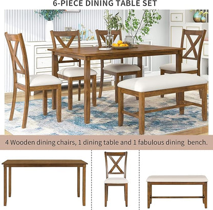 Ball & Cast 6 Piece Dining Table Set with 4 "X-Shaped Curved Backres Fabric Chairs & 1 Bench,Living Room Furniture W/ 60" Rectangle Kitchen Desk,for Restaurant,Home Bistro,Natural Cherry