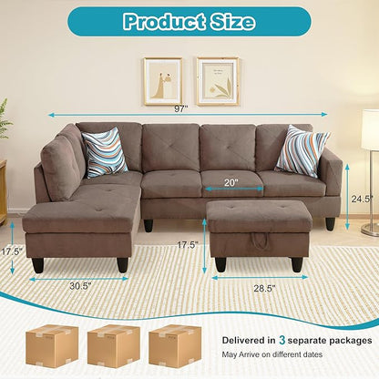 L Shaped Couch Modern Sectional Couch Upholstered Sackcloth Fabric 3 Pieces Sofas for Living Room with Chaise, Storage Ottoman for Office and Small Apartment, Brown