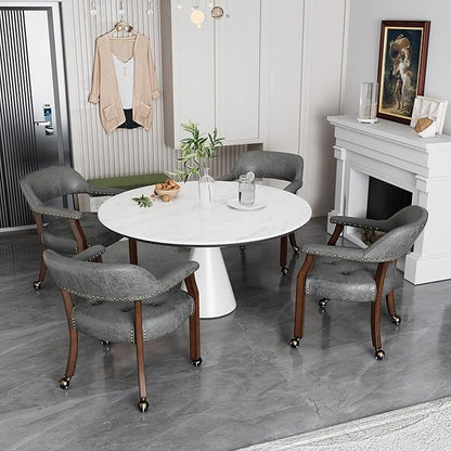 LEEMTORIG Large Dining Chairs with Casters and Arms, Rolling Dining Chairs with Wheels, Accent Wood Boss Caption's Chairs, 26" D x 25.2" W x 31.5" H, Cherry Legs & Dark Grey Fabric SY-1533-GY