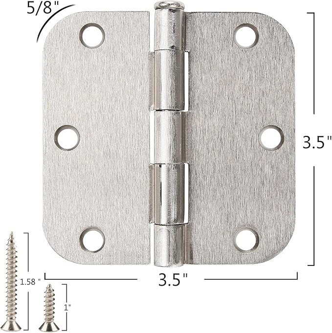 24 Pack Interior Satin Door Hinges Brushed Nickel 3.5 Inch x 3 1/2" 5/8" Rudius Rounded Heavy Duty Metal Iron Hinge 3 ½ Bifold Standard Doors Hardware Fittings for Flat,Bed/Storage/Basement Room
