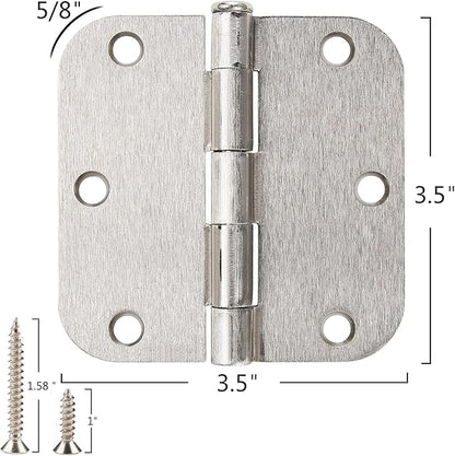 24 Pack Interior Satin Door Hinges Brushed Nickel 3.5 Inch x 3 1/2" 5/8" Rudius Rounded Heavy Duty Metal Iron Hinge 3 ½ Bifold Standard Doors Hardware Fittings for Flat,Bed/Storage/Basement Room