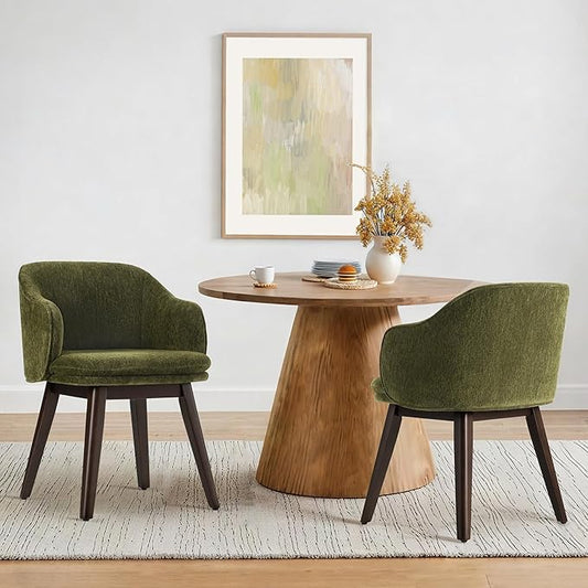 Wooden Dining Chairs Set of 2, Fabric Upholstered Modern Dining Room Chairs with Barrel Backrest & Double-Layer Thick Cushion for Living Room, Restaurant, Kitchen and Café, Green