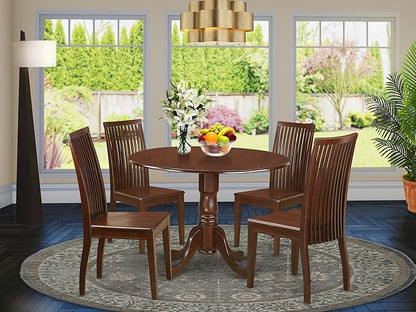 East West Furniture DLIP5-MAH-W 5 Piece Dining Room Furniture Set Includes a Round Kitchen Table with Dropleaf and 4 Dining Chairs, 42x42 Inch, Mahogany