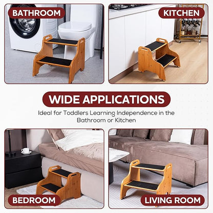 2-Step Wooden Step Stool for Adults & Kids – Non-Slip Bed, Bathroom, Kitchen, and Closet Use – Heavy-Duty Portable Step with Handles – 400 lb Capacity