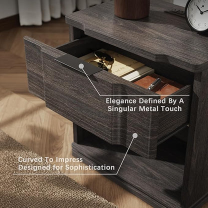 Nightstand with Charging Station, Wooden Curved Night Stand Bedside Table with Storage Shelf & Drawer, Large Mid Century Modern Accent End Table for Bedroom Living Room Office, Black and Gray