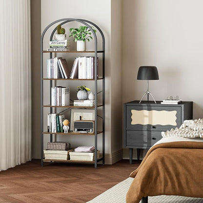 Homhedy 5-Tier Bookshelf Arched Display Racks, Wood and Metal Bookcase, Tall Bookshelf, Industrial Display Standing Shelf Unit, for Home Office, Living Room, Bedroom, Bathroom, Rustic Brown