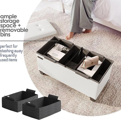 STORAGEBUD Storage Ottoman Bench with Bins, 30-in Storage Bench for Bedroom End of Bed, Folding Foot Rest Ottoman for Living Room Max 660lbs, Faux Leather Ottomans, Cream