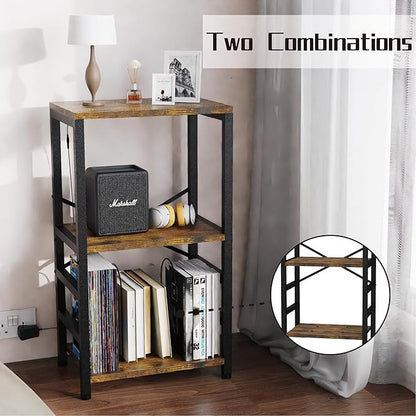 End Table with LED Light,Record Player Stand with Albums Storage,Vinyl Records Storage,Turntable Stand Side Table for Music Room Studio Living Room Bedroom-Retro