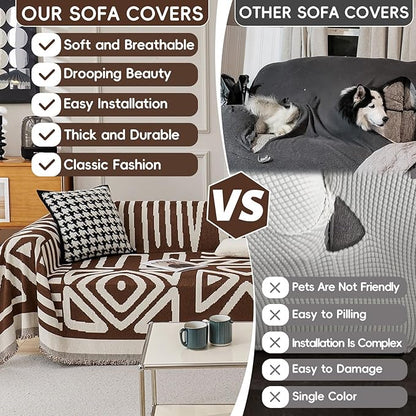 STACYPIK Boho Chenille Sofa Covers, Chocolate Geometric Couch Cover for Sectional, L Shape Couch Protector for 3 Cushion Couch, Non Slip Jacquard Sofa Protector for Loveseat with Tassles-71X118IN