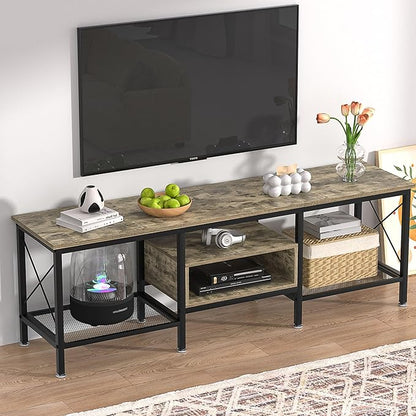 VECELO Industrial TV Stand for 75 Inch Television Cabinet 3-Tier Console with Open Storage Shelves, Entertainment Center Metal Frame for Living Room, Bedroom, 70 Inch, Light Grey