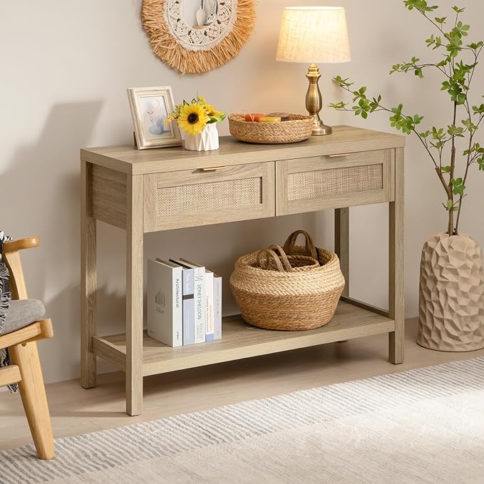 SICOTAS Rattan Console Table for Entryway - Boho Entryway Table with Storage and Drawers, Small Entry Tables for Hallway Behind Couch Table Sofa Table