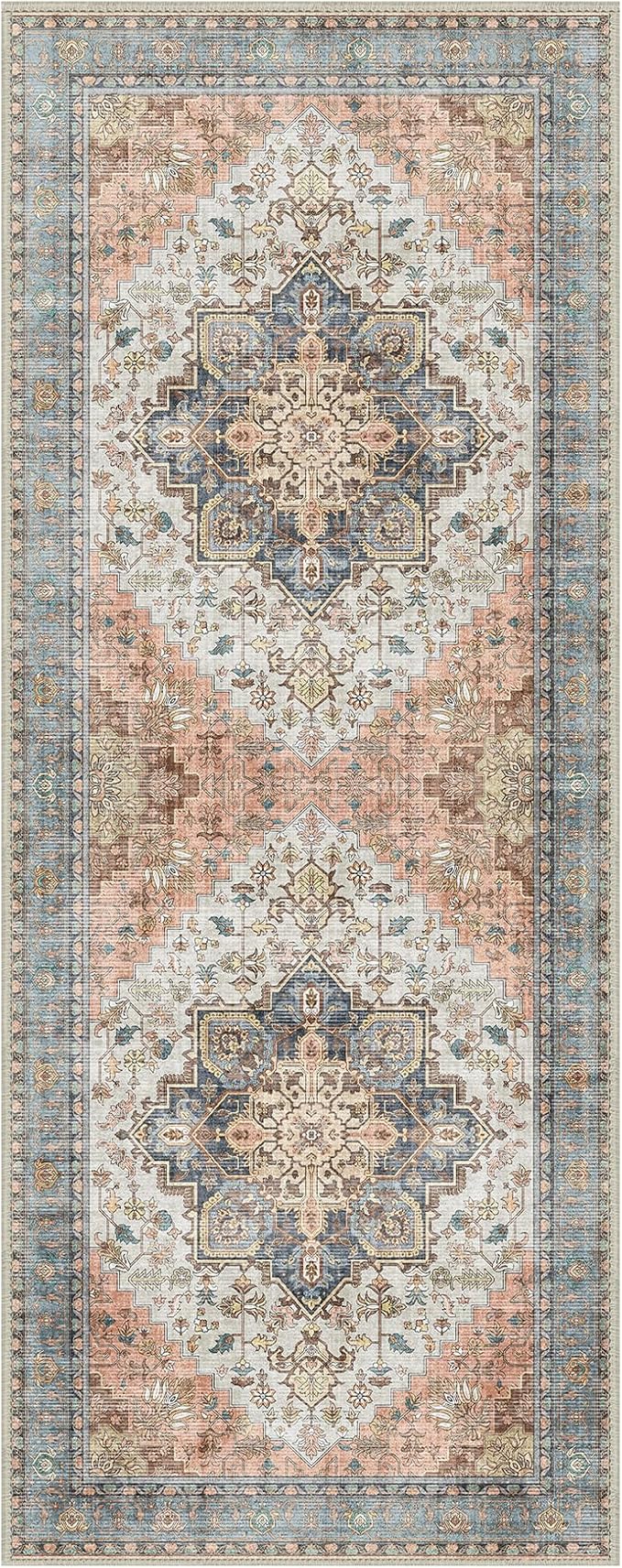 GENIMO 2x10 Runner Rugs for Hallway, Machine Washable Non Slip Vintage Rugs, Low Pile Lightweight Soft Print Rug for enrtyway, Corridor, Home Office, Kitchen, Blue Brick Red