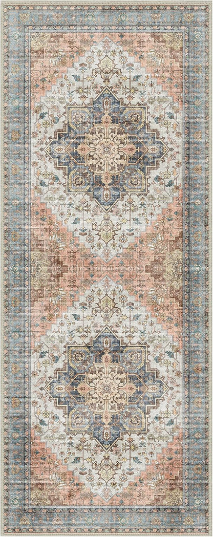 GENIMO 2x10 Runner Rugs for Hallway, Machine Washable Non Slip Vintage Rugs, Low Pile Lightweight Soft Print Rug for enrtyway, Corridor, Home Office, Kitchen, Blue Brick Red
