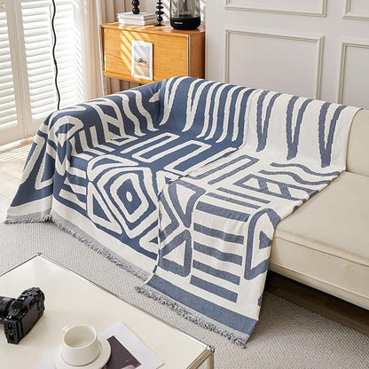 STACYPIK Reversible Boho Blue Beige Couch Cover for 2 Cushion Couch Sofa Cover for Dogs Anti-Scratch Furniture Protector Cover with Tassels for Pet Cat Non-Slip Loveseat Cover for Sectional-71X90IN