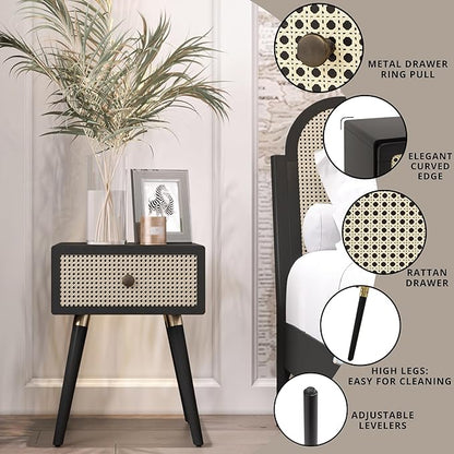 Bme Nipe Black Solid Wood Rattan Nightstand Fully Assembled, Woven Cane End Table, Bedside Table for Modern Bedroom, Boho Living Room with Long Wood Legs Large Storage 1-Drawer