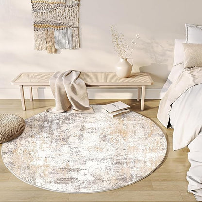 8x8 Washable Round Rug Beige Grey Neutral Abstract Living Room Bedroom Large Area Rug Non Slip Soft Low Pile Indoor Floor Carpet for Dining Room Kitchen Office Entryway