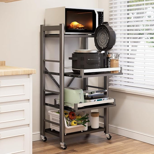 4-Tier Pull Out Kitchen Baker's Rack with Wheels, Heavy Duty Metal Microwave Stand with Storage, Adjustable Ktichen Shelves Freestanding, Rolling Utility Storage Cart (23.6''W x 49.2''H)