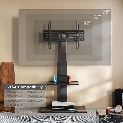 FITUEYES Floor TV Stands with Swivel TILT Mount for 32 39 40 43 49 50 55 60 65 70 75 Inch LCD LED TVs with Iron Base Adjustable Shelf Universal Television Stands for Bedroom and Living Room (Black)
