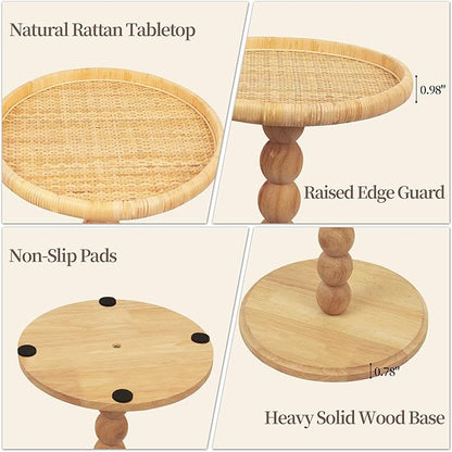 Round Side Table, Solid Wood Small Drink Table for Small Spaces, Boho Rattan End Table for Living Room, Modern Accent Table for Couch, Bedroom, Corners