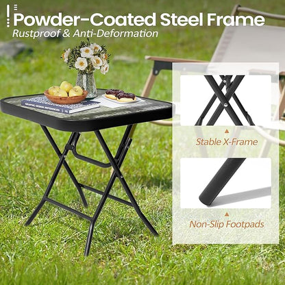 Foldable Outdoor Side Table with Tempered Glass Top Square 18" Folding Patio Side Table Small Glass End Tables for Patio Porch Yard Balcony Deck Lawn Dining Garden (Black)
