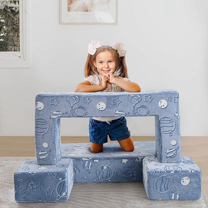 MeMoreCool Glow in The Dark Space Kids Modular Play Couch, Blue Fold-Out Foam Lounge Chair Sofa for Girls and Boys, Bedroom and Playroom