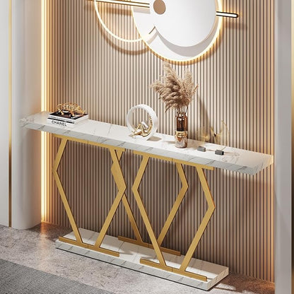 Tribesigns 70.9 Inch Extra Long Sofa Table， White and Gold Console Table with Faux Marble Tabletop, Modern Long Entryway Table with Gold Frame