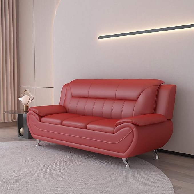 Container Furniture Direct Michael Modern Faux Leather Upholstered Stainless Steel Legs Living Room Sofa, Chair, Persian Red