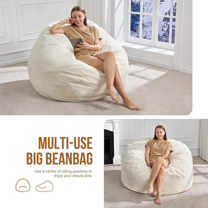 Hobestluk 4FT Bean Bag Chairs for Adults Large Beanbag Chair with Plush Faux Fur Cover Big Bean Bag Chair for Living Room Bedroom Dorm Office - White (44” x 44” x 24”)