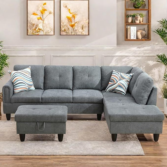L Shaped Sectional Couches for Living Room, Modern Modular Sectional Sofa with Ottoman Storage, Comfy L Shaped Couch with Chaise for Bedroom Apartment Furniture, Gray
