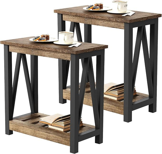 ChooChoo Farmhouse End Table Set of 2, Rustic Vintage Narrow End Side Table with Storage Shelf for Small Spaces for Living Room, Bedroom Rustic Oak & Black