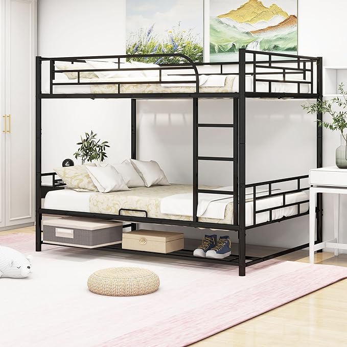 Metal Full Over Full Bunk Bed with Storage Shelf and Guardrails,Multifunctional Bed Frame w/Ladder,Can Seperated into 2 Beds,No Spring Needed,for Kids Boys Girls Teens,Black