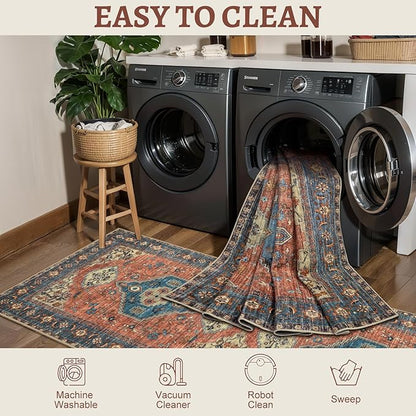 Tangsoo 5x7 Area Rug Washable Rug for Living Room, Vintage Indoor Non Slip Large Area Rugs, Print Distressed Rust Carpet, Soft Low Pile Foldable Floor Rug for Bedroom Dining Room Dorm Terracotta