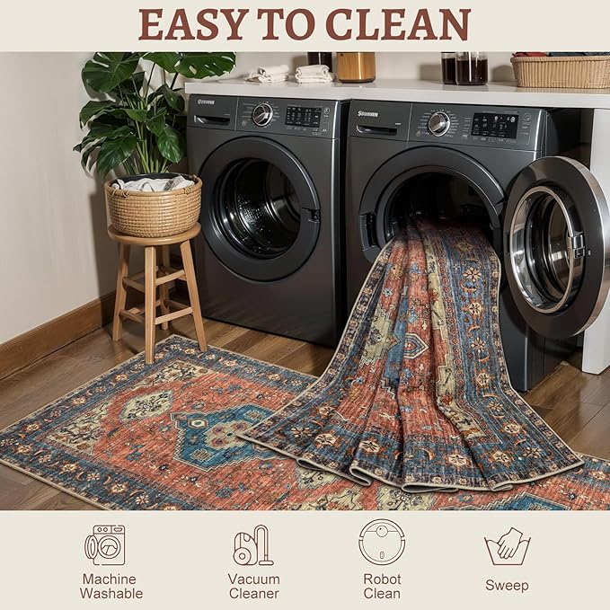 Tangsoo 5x7 Area Rug Washable Rug for Living Room, Vintage Indoor Non Slip Large Area Rugs, Print Distressed Rust Carpet, Soft Low Pile Foldable Floor Rug for Bedroom Dining Room Dorm Terracotta