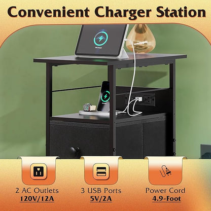 WLIVE Narrow Side Table with Charging Station, End Table with LED Light, 2 Fabric Drawers and Open Shelf, Black Bedside Tables Living Room, Small Space, Bedroom, Night Stand with Charger Station